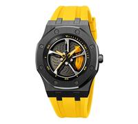 Reloj de carreras creativo para hombre con rueda de coche giratoria 3D de acero inoxidable, esfera esqueleto grande, reloj impermeable, adecuado para hombres y amantes del coche, Ladrón amarillo
