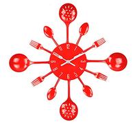 Reloj de Cocina Efecto Espejo con diseño de Cuchara, Tenedor, cubertería, Adhesivo Extraible en 3D para decoración del hogar (Rojo)