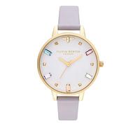 Reloj de Cuarzo 3H, Caja de Acero PVD Oro Amarillo de 34 mm, Esfera Blanca con marcadores de Cristales. Correa de Cuero Color Lila.