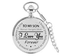 Reloj de cuarzo con cadena de bolsillo de cuarzo para mi hijo, con bolsillo tallado para regalo de cumpleaños con texto en inglés «To My Son I You Mom and Dad», C, One Size
