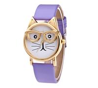 Reloj de cuarzo de 36 mm con esfera de gatos, esfera de gafas de cuarzo para mujer, reloj de prensa manual, morado, talla única