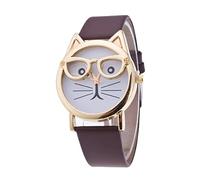 Reloj de cuarzo de 36 mm con esfera de gatos, esfera de gafas de cuarzo para mujer, reloj de prensa manual, café, talla única