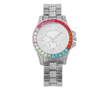 Reloj de cuarzo de lujo con simulación de pedrería de acero inoxidable para mujer Star Fancy Color Diamond Watch, plateado