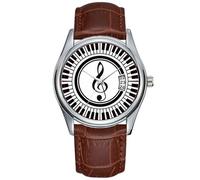 Reloj de cuarzo para hombre, casual, impermeable, con fecha, clásico, de cuero, color marrón, Navidad, círculo, teclas de piano y clave de sol, Marrón, Comercial