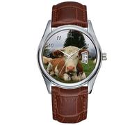 Reloj de cuarzo para hombre, casual, impermeable, con fecha, clásico, de negocios, de cuero marrón, Navidad, primer plano de una vaca marrón y blanca, relojes de pulsera acostados, Marrón, Comercial