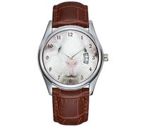 Reloj de cuarzo para hombre, casual, impermeable, con fecha, clásico, de negocios, de cuero marrón, Navidad, reloj de pulsera de color blanco con cara de conejillo de indias, Marrón, Comercial