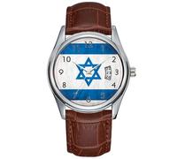 Reloj de cuarzo para hombre, casual, impermeable, con fecha, clásico, de negocios, de cuero marrón, reloj de pulsera de Navidad, reloj de pulsera con bandera de Israel, Marrón, Comercial