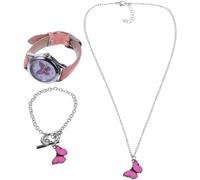Reloj de Cuarzo Rosa Mariposas, Pulsera y Collar para Niñas | Conjunto de Tres Piezas, Estilo Sencillo y Elegante, para Salidas Informales y Fiestas