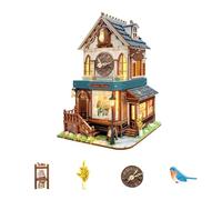 Reloj de cuco rompecabezas de madera 3D, kit de modelo mecánico con luces LED, arquitectura vintage hecha a mano, regalo creativo de manualidades, decoración única para el hogar