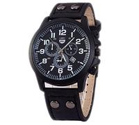 Reloj de hombre con caja de acero negro correa de piel sintética automática muñeca moderno cuarzo chico negro M06a, Negro , Correa