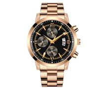 Reloj de Hombre con Correa de Acero de Moda Personalidad Tendencia Falsa Correa de Tres Ojos Calendario Reloj Analógico Luminoso de Cuarzo, Oro Con Cara Negra, Pines Dorados, 24