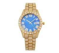 Reloj de hombre con diamantes Reloj analógico de cuarzo de cristal con pedrería reloj de pulsera con pulsera helada, Cinta Dorada Cara Azul, Pulsera