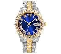 Reloj de hombre de Hip Hop con diamantes de imitación de gran cara de cristal dorado plateado de acero inoxidable completo Bling Iced-Out para hombres, Azul / Patchwork,