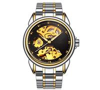 Reloj de hombre de lujo mecánico automático impermeable reloj de hombre y mujer de acero inoxidable con esfera esqueletada impermeable, # 2 (hombre) Oro-negro Cara, Retro