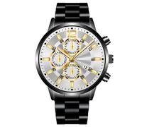 Reloj de hombre de negocios casual clásico moda tres ojos digital con escala calendario analógico de cuarzo reloj de estudiante de acero inoxidable, Letras de oro con superficie blanca de concha
