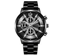 Reloj de hombre de negocios casual clásico moda tres ojos digital con escala calendario analógico de cuarzo reloj de estudiante de acero inoxidable, Cáscara Negro Cara Negra Caracteres Plateados, 24