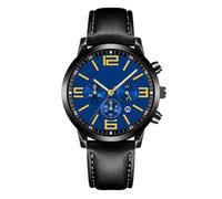 Reloj de hombre de negocios decoración falso tres ojos escala luminosa con calendario analógico reloj de cuarzo reloj de cinturón de moda, Black Shell Blue Face Black Inner Shadow, 24