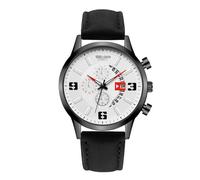 Reloj de los Hombres de los Hombres Decoración Personalizado de la Esfera Falso Tres Ojos Reloj de Cuarzo Analógico Calendario con Correa de Cuero de la PU, Negro Con Cáscara Negro, Cara Blanca Y