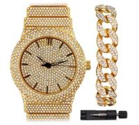 Reloj de lujo chapado en oro y plata, correa de diamante totalmente helada, esfera redonda de 46 mm, juego de pulsera de cristal de eslabones cubanos (juego de oro (reloj + pulsera))