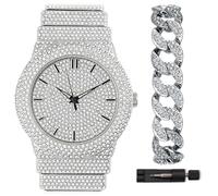 Reloj de lujo chapado en oro y plata, correa de diamante totalmente helada, esfera redonda de 46 mm, juego de pulsera de cristal de eslabones cubanos (juego de oro blanco (reloj + pulsera))