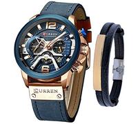 Reloj de lujo para hombre - Correa de cuero - Cronógrafo y pulsera de moda - Azul o negro - Diseño militar - Resistente al agua - Regalo, Azul, Reloj de cuarzo, cronógrafo