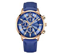 Reloj de Moda de la Personalidad del Hombre con el Reloj Analógico de Cuarzo de la Fecha Reloj de Cinturón del Estudiante de Negocios Casual, Cáscara De Oro Rosa Azul Cara Azul Cinta Azul, 24