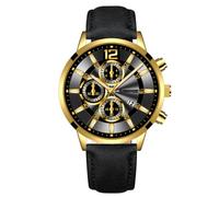 Reloj de Moda de la Personalidad del Hombre con el Reloj Analógico de Cuarzo de la Fecha Reloj de Cinturón del Estudiante de Negocios Casual, Cáscara Dorada Cara Negra Banda Negra, 24