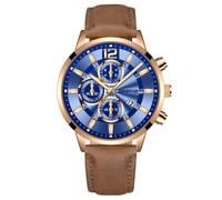 Reloj de Moda de la Personalidad del Hombre con el Reloj Analógico de Cuarzo de la Fecha Reloj de Cinturón del Estudiante de Negocios Casual, Banda Marrón Concha Azul Cara De Oro Rosa, 24