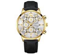 Reloj de Moda de la Personalidad del Hombre con el Reloj Analógico de Cuarzo de la Fecha Reloj de Cinturón del Estudiante de Negocios Casual, Banda Negra Cara Blanca Cáscara Dorada, Correa