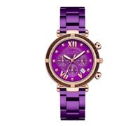 Reloj de mujer de acero inoxidable para mujer falso tres ojos escala de fecha romana reloj analógico de cuarzo simple reloj casual atmosférico, morado, Pulsera