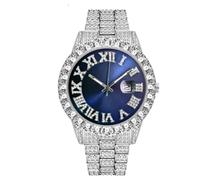 Reloj de mujer de lujo con diamantes de imitación simple escala romana con fecha, analógico, de cuarzo, reloj de acero inoxidable, Azul Plata, Pulsera