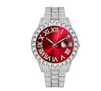 Reloj de mujer de lujo con diamantes de imitación simple escala romana con fecha, analógico, de cuarzo, reloj de acero inoxidable, Rojo Plata, Pulsera