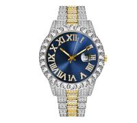 Reloj de mujer de lujo con diamantes de imitación simple escala romana con fecha, analógico, de cuarzo, reloj de acero inoxidable, Fideos Azules Dorados, Pulsera