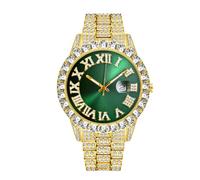 Reloj de mujer de lujo con diamantes de imitación simple escala romana con fecha, analógico, de cuarzo, reloj de acero inoxidable, Verde Dorado, Pulsera