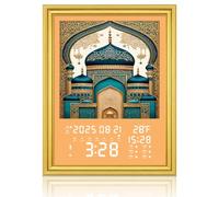 Reloj de oración musulmana con patrón de mezquita dorada con pantalla LED, calibración automática de la hora Bluetooth, recordatorio de alarma de 5 veces Azan, visualización de fecha de temperatura