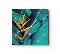 Reloj de Pared 30x30cm Reloj de Vidrio Flores Tropicales Hojas Silencioso