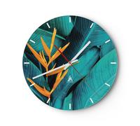 Reloj de Pared 30x30cm Reloj de Vidrio Flores Tropicales Hojas Silencioso