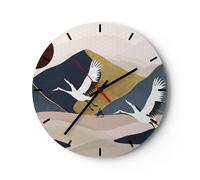 Reloj de Pared 30x30cm Reloj de Vidrio Grúas Montañas Sol Silencioso Decorativo