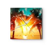 Reloj de Pared 30x30cm Reloj de Vidrio mar palmera agua Silencioso Decorativo