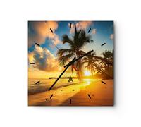 Reloj de Pared 30x30cm Reloj de Vidrio mar playa palmera Silencioso Decorativo
