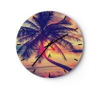 Reloj de Pared 30x30cm Reloj de Vidrio mar playa palmera Silencioso Decorativo