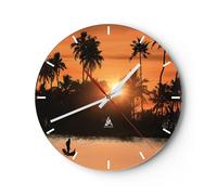Reloj de Pared 30x30cm Reloj de Vidrio palmera rio verano Silencioso Decorativo