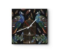 Reloj de Pared 30x30cm Reloj de Vidrio Pavos reales Oro Jaula Silencioso