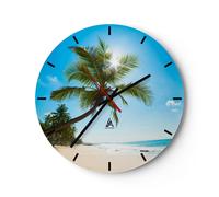 Reloj de Pared 30x30cm Reloj de Vidrio playa palmera mar Silencioso Decorativo