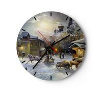 Reloj de Pared 30x30cm Reloj de Vidrio pueblo trineo nieve Silencioso Decorativo