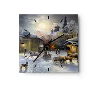 Reloj de Pared 30x30cm Reloj de Vidrio pueblo trineo nieve Silencioso Decorativo