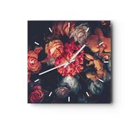 Reloj de Pared 30x30cm Reloj de Vidrio Ramo Flores Rosas Silencioso Decorativo