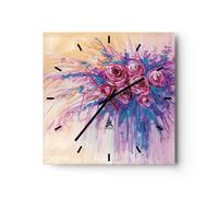 Reloj de Pared 30x30cm Reloj de Vidrio Ramo Flores Rosas Silencioso Decorativo