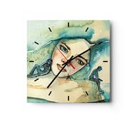 Reloj de Pared 40x40cm Reloj de Vidrio Acuarela Mujer Emociones Silencioso