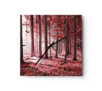 Reloj de Pared 40x40cm Reloj de Vidrio bosque rojo árboles Silencioso Decorativo